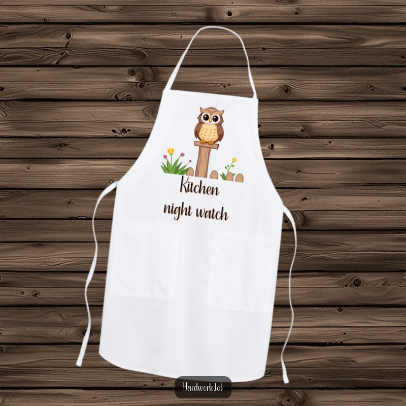 Funny apron featuring a wise, content owl perched on a fence post, observing a garden. Perfect for cooking or gardening.