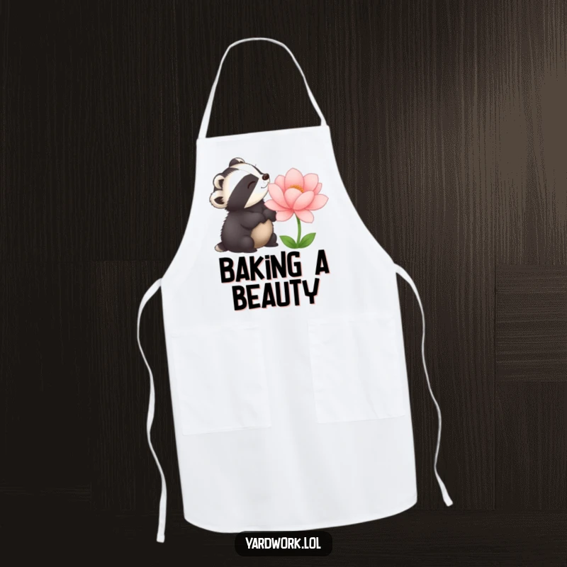 Funny apron depicting a delighted badger admiring a large, perfectly bloomed flower. Cute and practical for garden or kitchen.