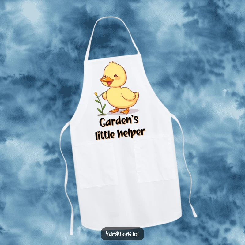 Funny apron depicting a happy duckling using its beak to pull a small weed while gardening. Cute and practical.