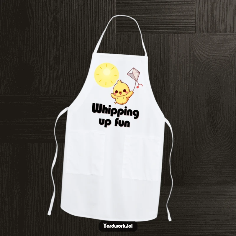 Funny apron showing a cheerful chick flying a kite high in a sunny sky, perfect for joyful activities.