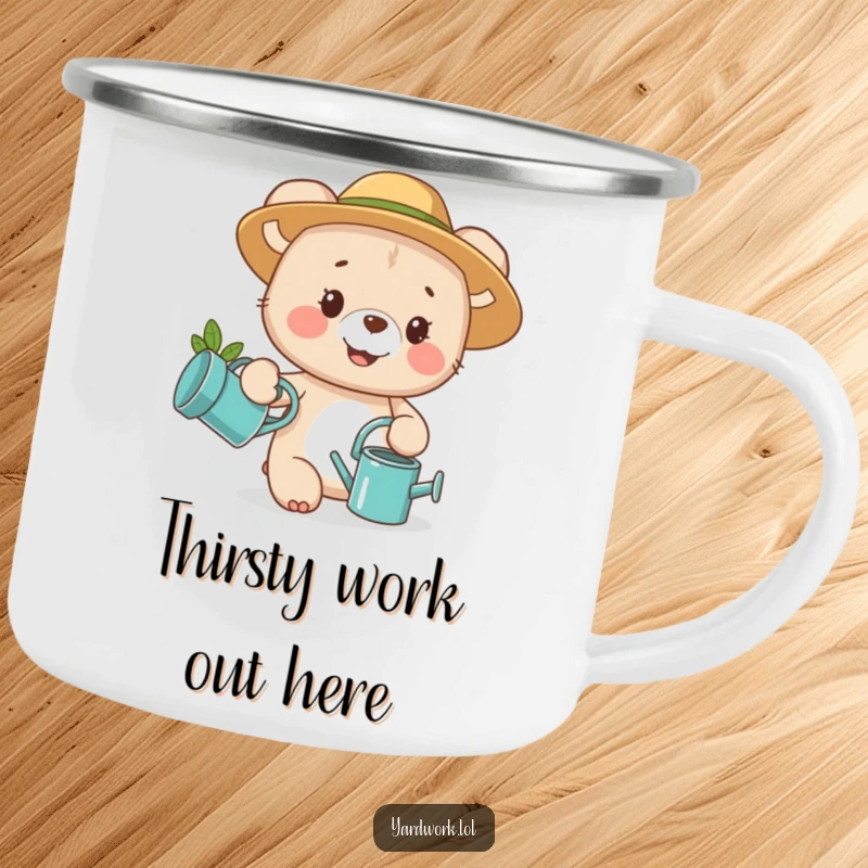 Funny camping mug with a happy bear cub gardening, holding a watering can, perfect for outdoor trips.