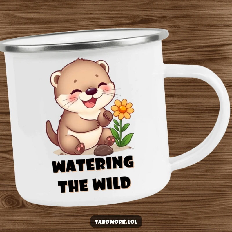 Funny camping mug with a joyful otter cub planting a flower, perfect for nature lovers.