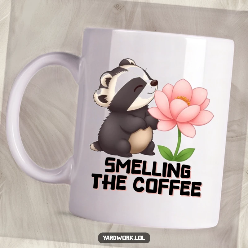 Funny mug showing a delighted badger admiring a large, perfectly bloomed flower in nature. A celebration of floral beauty.