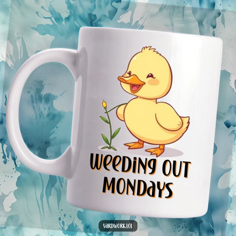 Funny mug showing a cute, happy duckling using its beak to pull a small weed from the garden. Adorable helper.