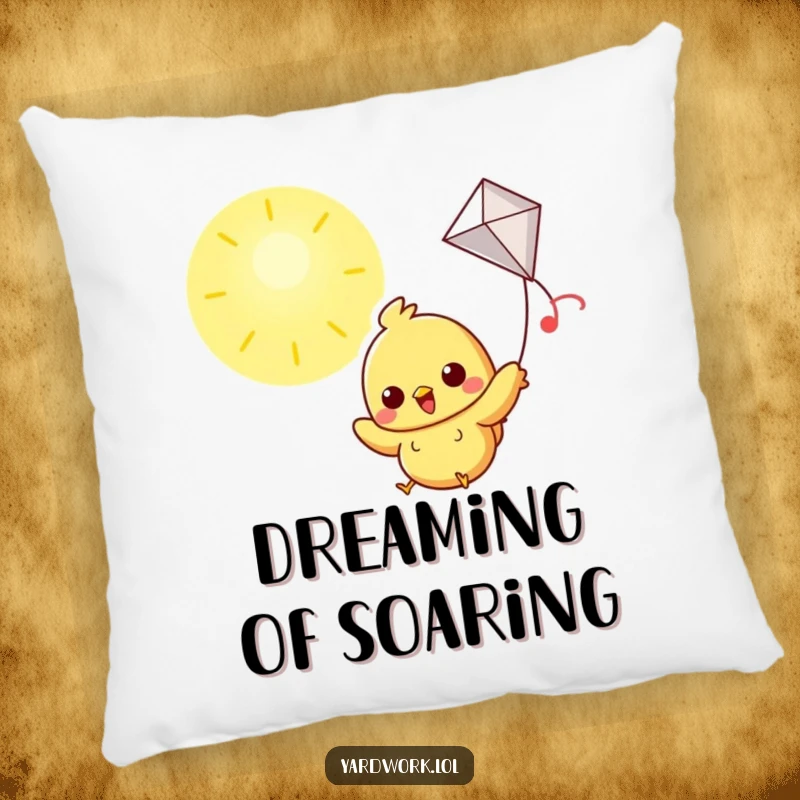 Funny pillow with a cheerful chick flying a kite in a sunny sky, super soft and cute.