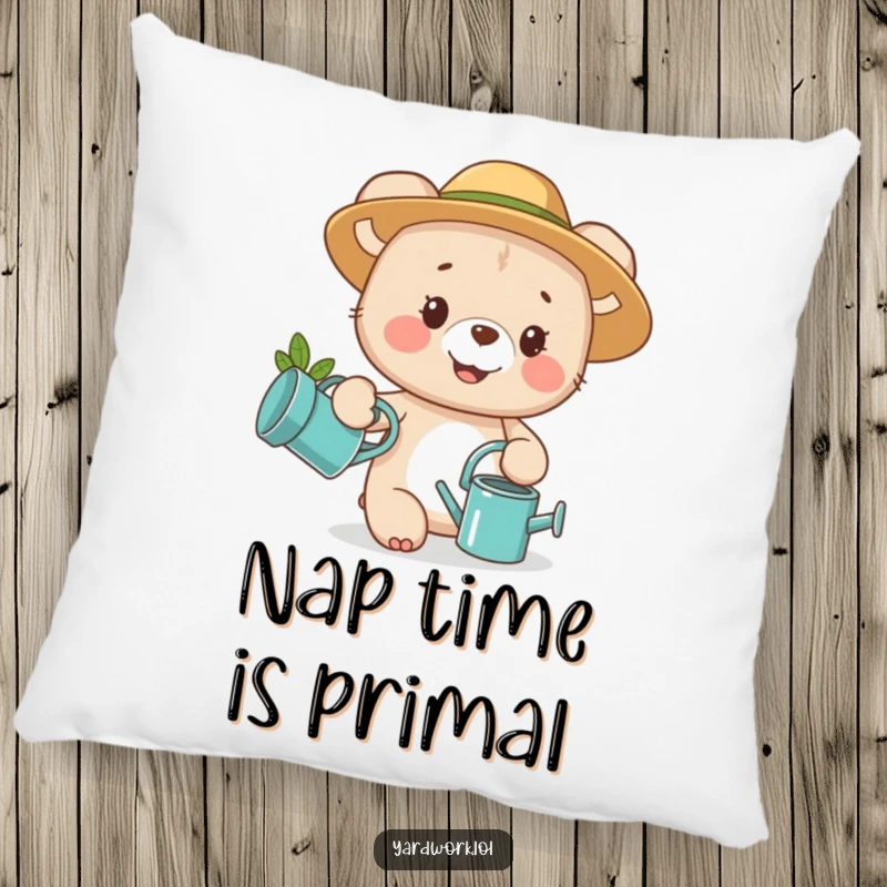 Funny pillow featuring a happy bear cub wearing a garden hat and holding a watering can, super soft and cute.