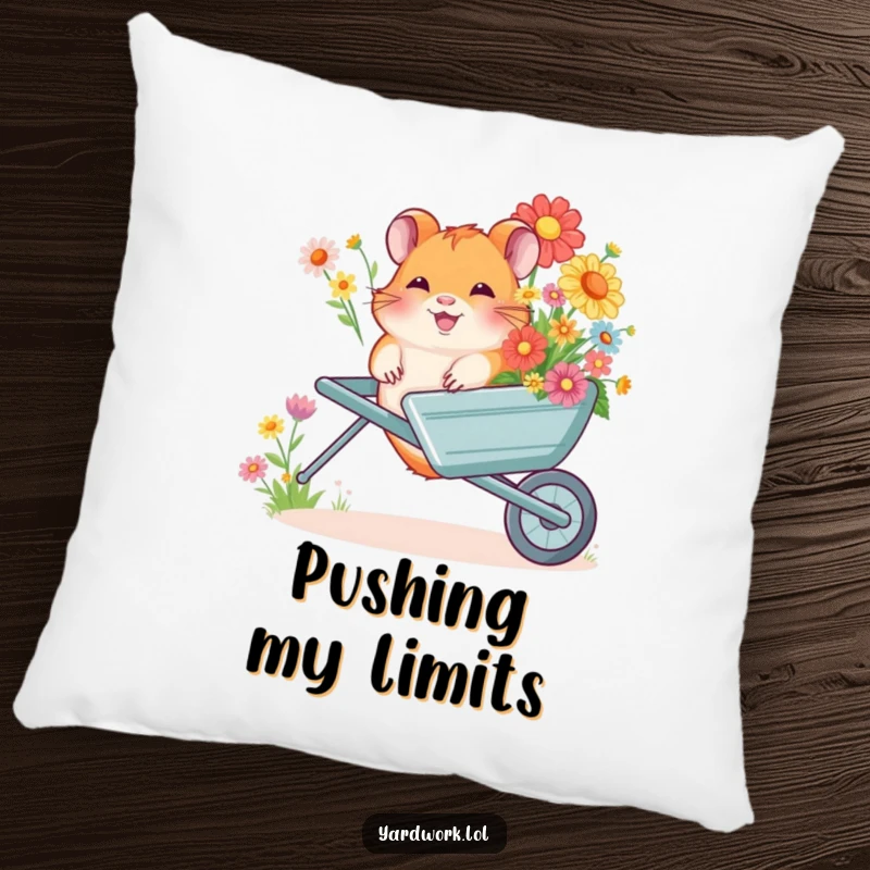 Funny decorative pillow with a giggling hamster pushing a wheelbarrow full of colorful flowers, perfect for adding charm and humor.