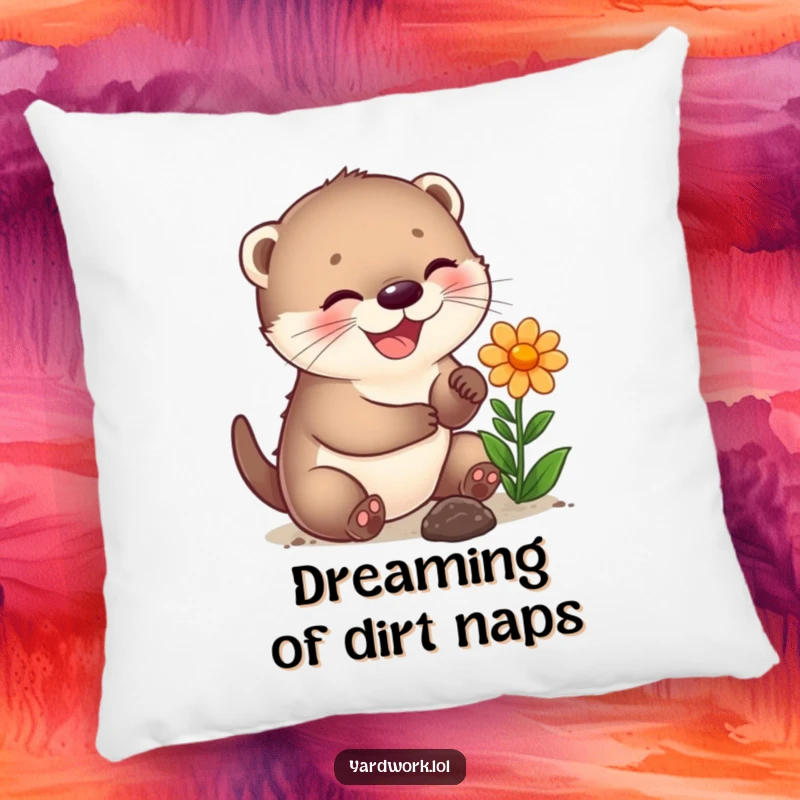 Funny pillow with a joyful otter cub planting a flower, super soft and cute, perfect for accent decor.