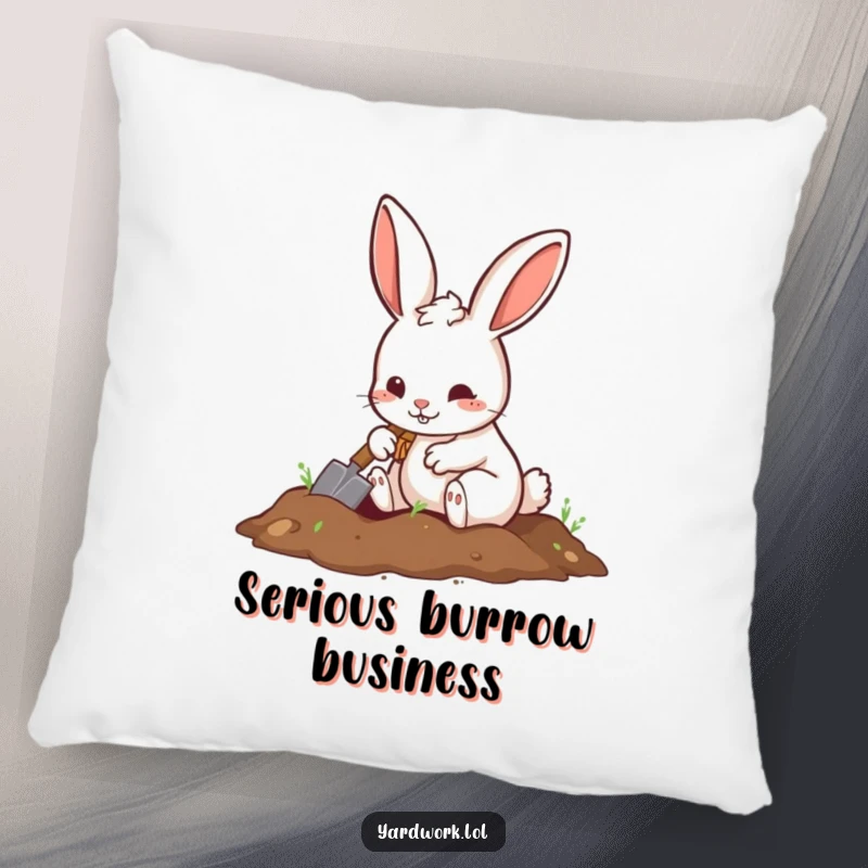 Funny pillow with a playful rabbit digging a hole with a small shovel, super soft and cute.