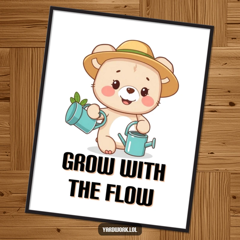 Funny digital art print of a happy bear cub in a garden hat holding a watering can, cheerful and cute.