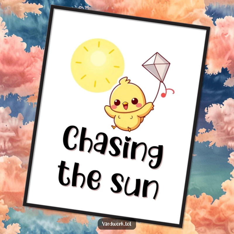 Funny digital art print of a cheerful chick flying a kite high in a sunny sky, happy and uplifting.