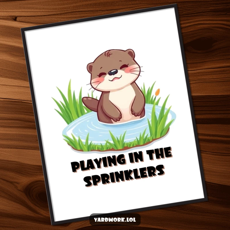 Funny digital art print of a playful otter watering a patch of vibrant green grass. Ready for DIY framing.