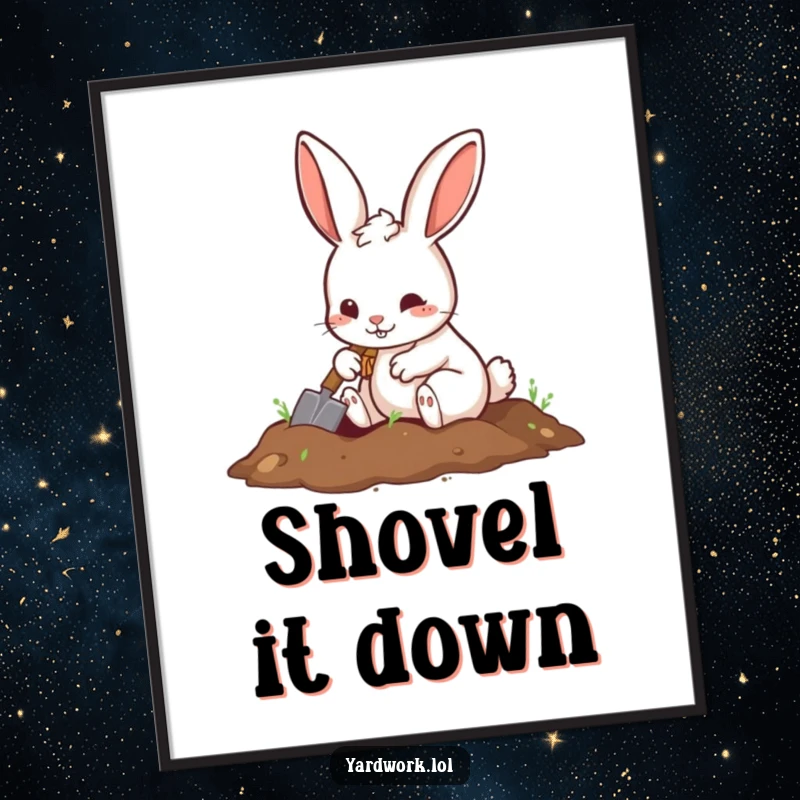 Funny digital art print of a playful rabbit digging a hole with a small shovel, energetic and cute.