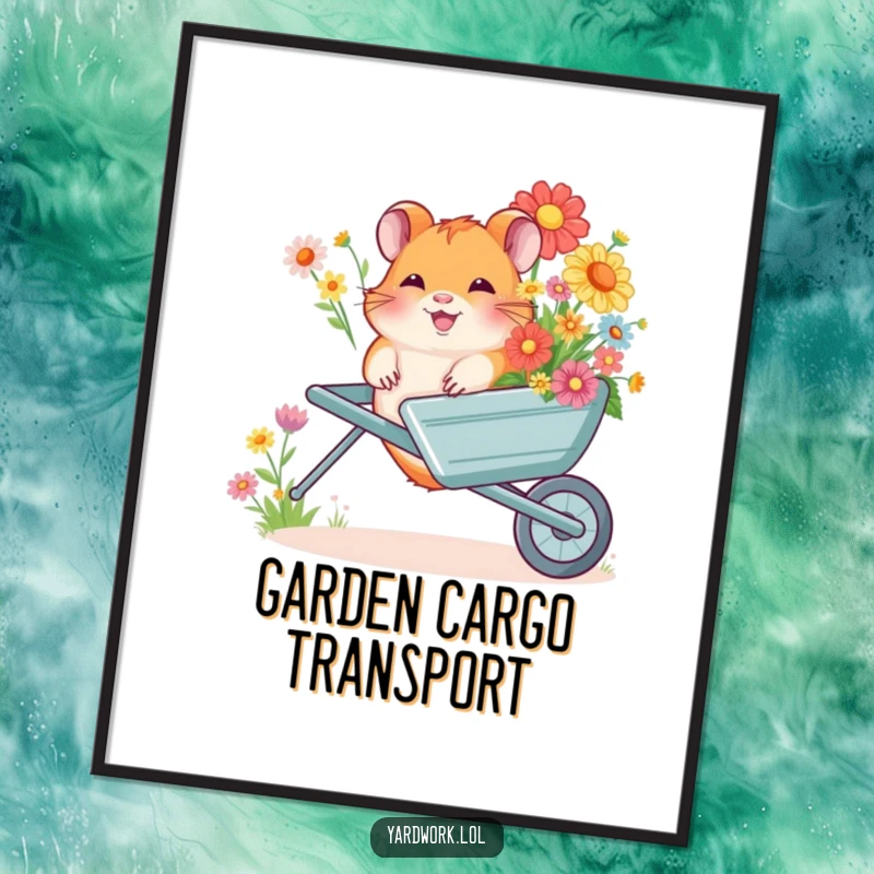 Funny digital art print of a giggling hamster pushing a wheelbarrow overflowing with colorful flowers, ready for DIY framing.