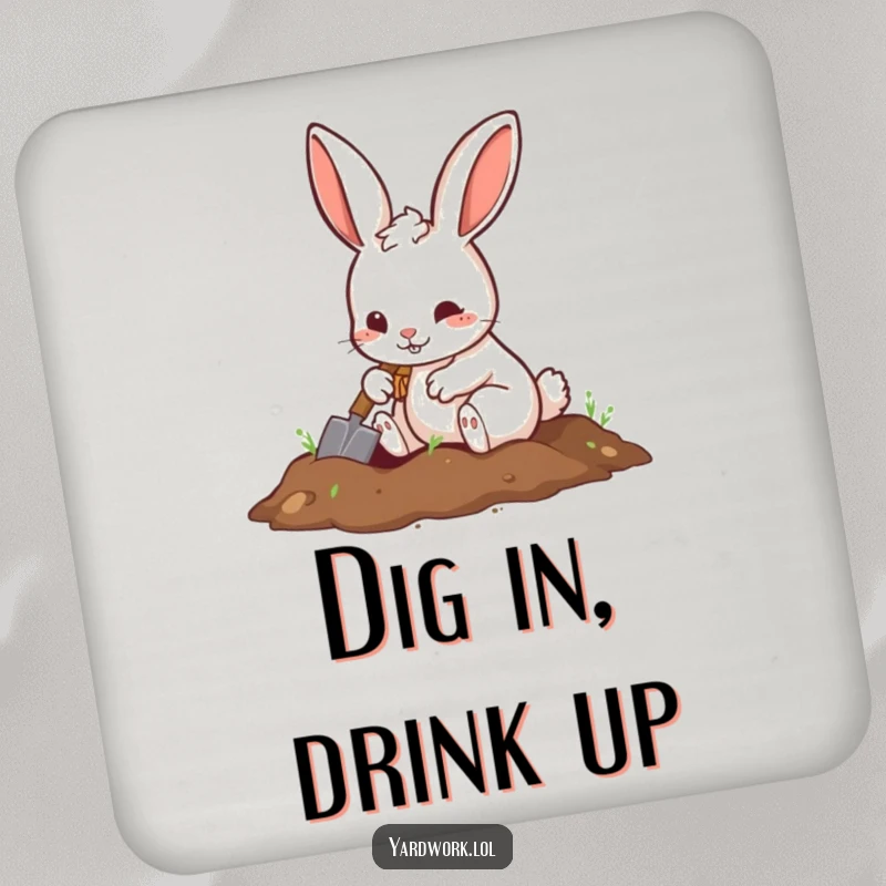 Funny coasters featuring a playful rabbit digging with a small shovel, protecting surfaces with cute energy.