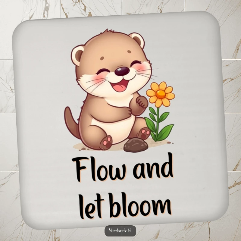Funny coasters featuring a joyful otter cub planting a flower, protecting surfaces with cute nature charm.