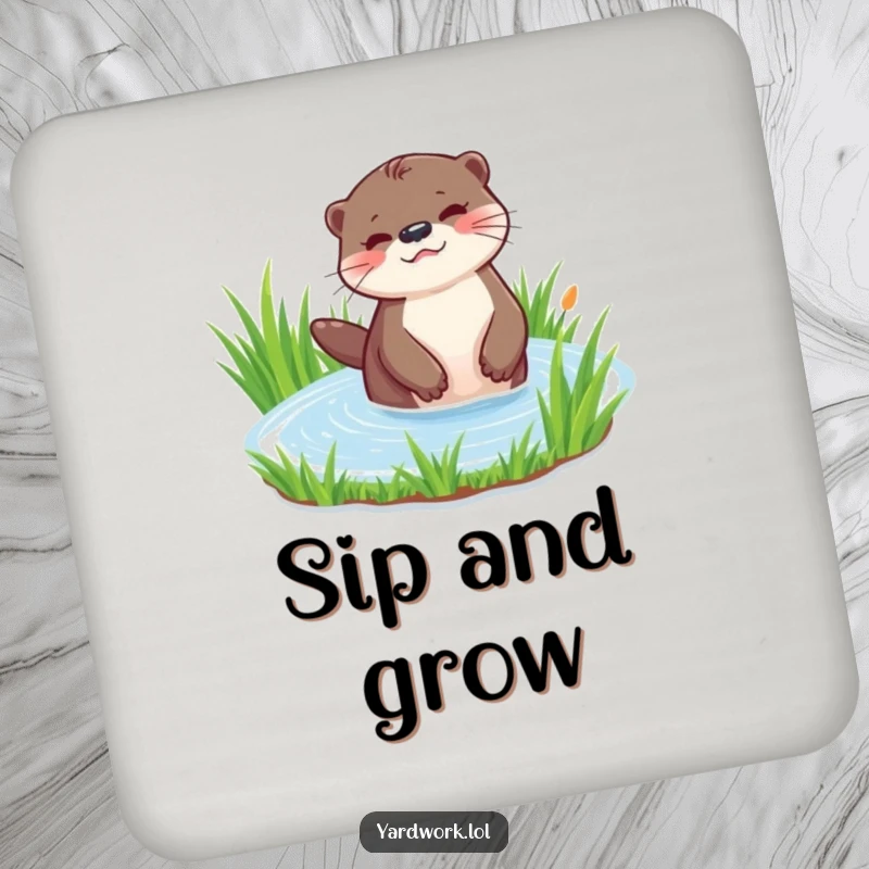 Funny drink coaster with a playful otter watering a patch of vibrant green grass. Protects surfaces with charm.