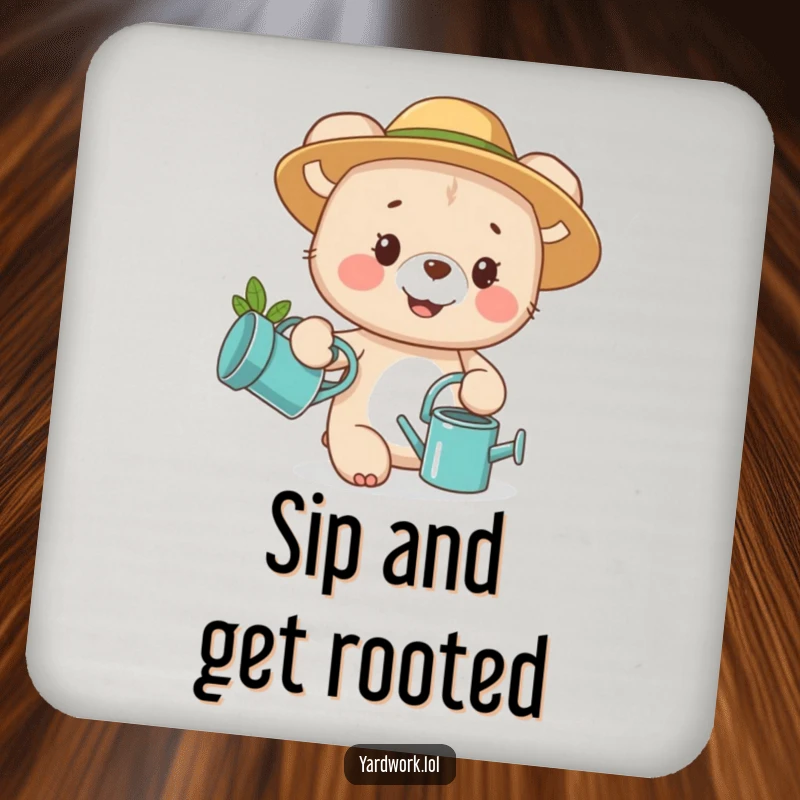 Funny coasters featuring a happy bear cub with a watering can, protecting surfaces with cute garden charm.