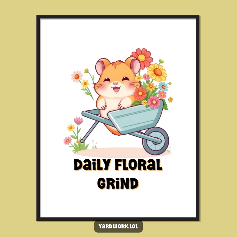 Funny Hamster Flower Wheelbarrow Poster - Whimsical Giggling Garden Art Gift