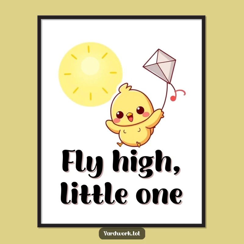 Funny Chick Flying Kite Poster: Cheerful Wall Art Gift for Sunny Spaces