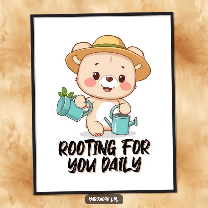 Funny poster art of a happy bear cub in a garden hat with a watering can, bringing cheerful vibes.