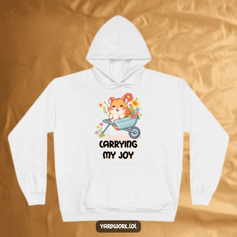 Funny hoodie with a detailed illustration of a giggling hamster pushing a wheelbarrow overflowing with beautiful flowers. Ideal for cozy, humorous wear.