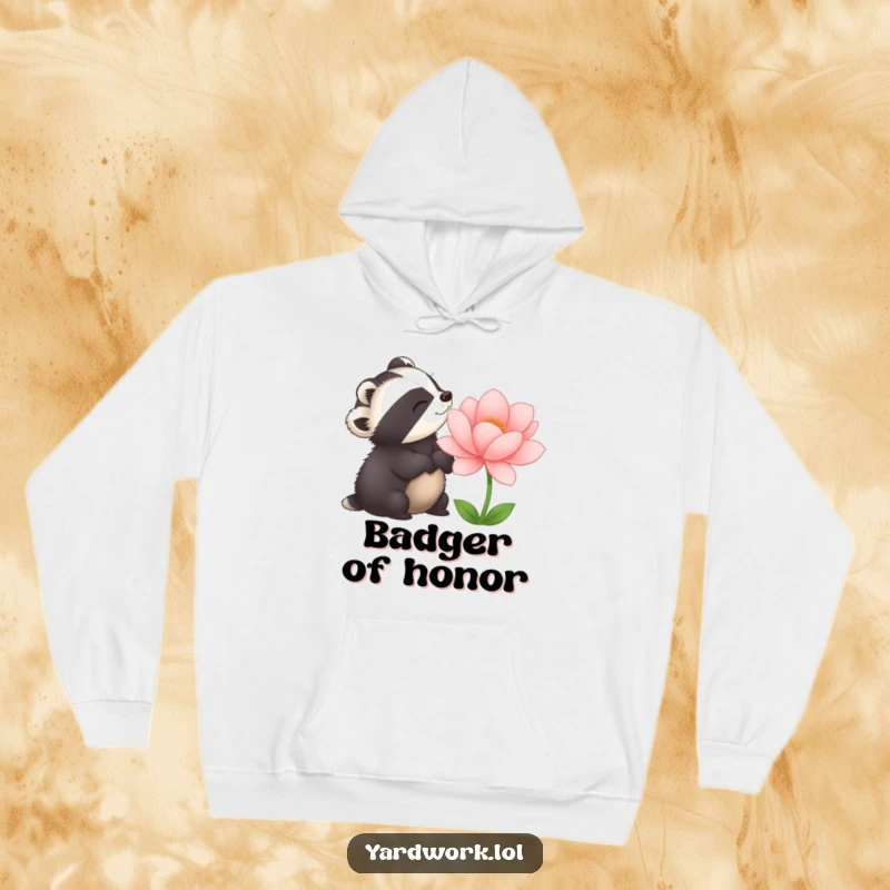 Funny hoodie depicting a delighted badger admiring a large, perfect flower. Cozy and full of natural wonder.