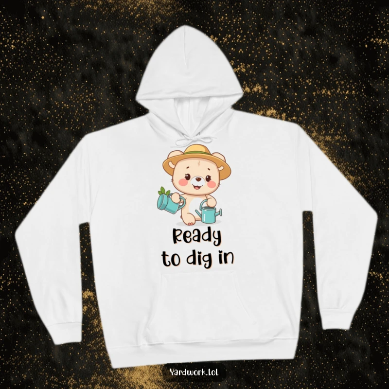 Funny hoodie with a happy bear cub in a gardening hat, holding a watering can, ideal cozy and cute gift.