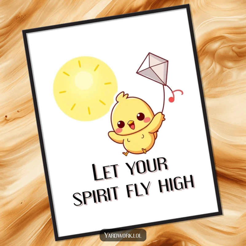 Funny Free Printable Wall Art: A cheerful chick happily flying a kite high in a bright, sunny sky.