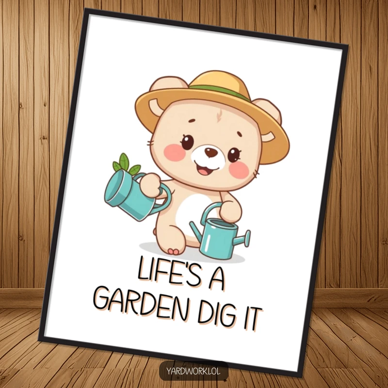 Funny Free Printable Wall Art: A happy bear cub in a gardening hat with a watering can, bringing a smile.