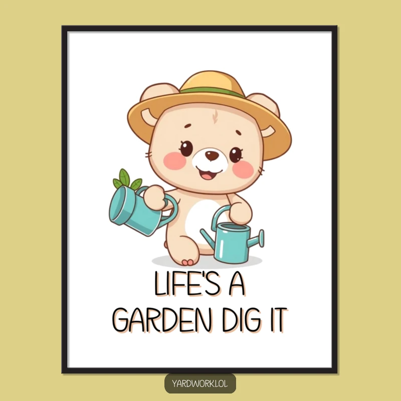 Free Printable Wall Art: Funny Bear Cub Gardener Decor, DIY Downloadable Art