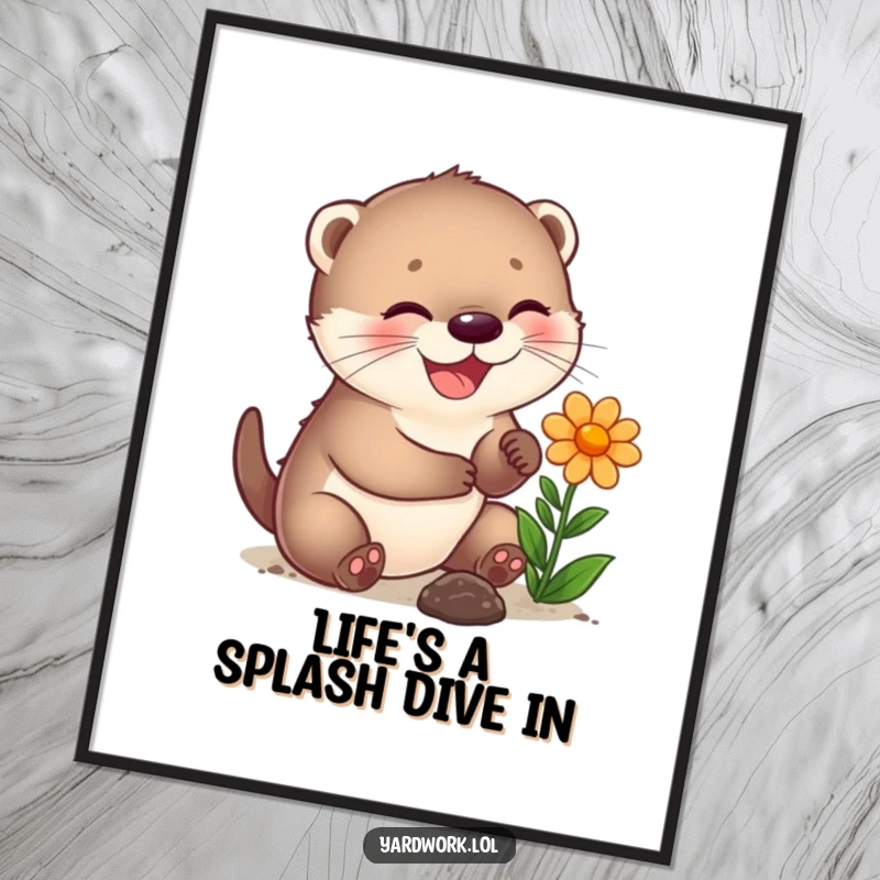 Funny Free Printable Wall Art: A joyful otter cub happily planting a vibrant flower, bringing natural charm.
