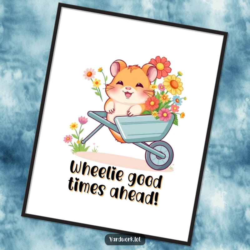Funny Free Printable Wall Art: A highly amused hamster pushing a wheelbarrow loaded with a spectacular abundance of colorful flowers.