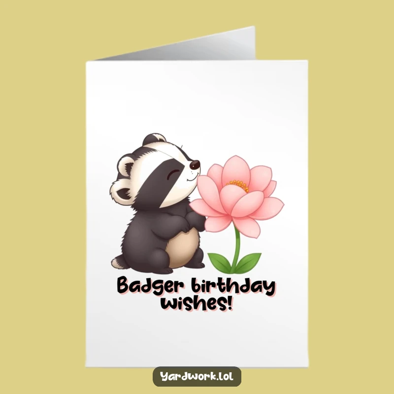 Free Printable Birthday Card: Badger & Big Flower, Funny Garden Scene, Downloadable Gift