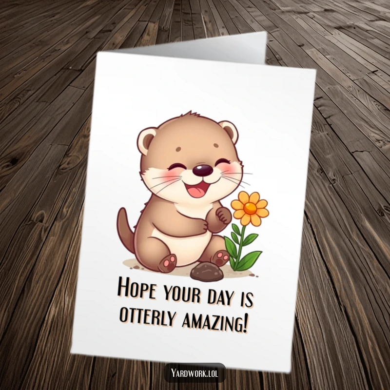 Funny Free Printable Birthday Card: A happy otter cub gleefully planting a bright flower, spreading birthday cheer.