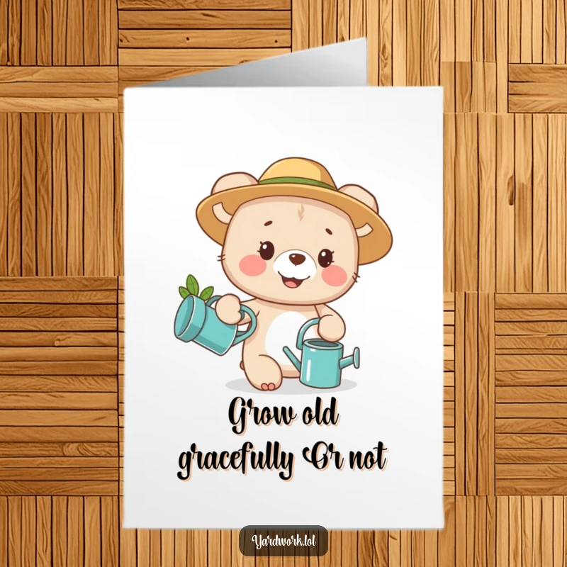 Funny Free Printable Birthday Card: Adorable bear cub in a hat waters flowers, bringing garden cheer to your celebration.