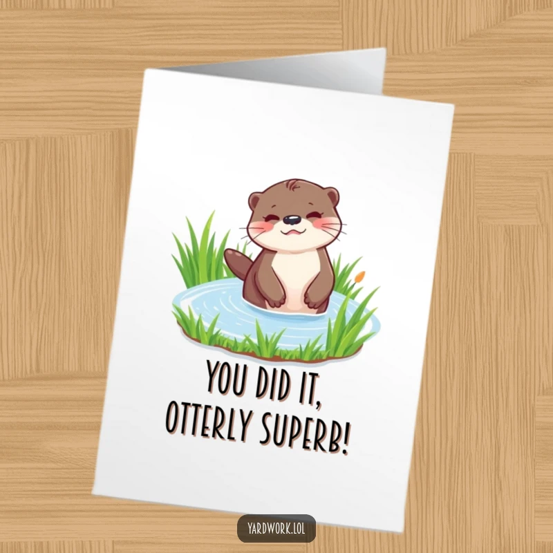 Funny Free Printable Congratulations Card: An energetic otter waters a lush patch of green grass, celebrating growth.