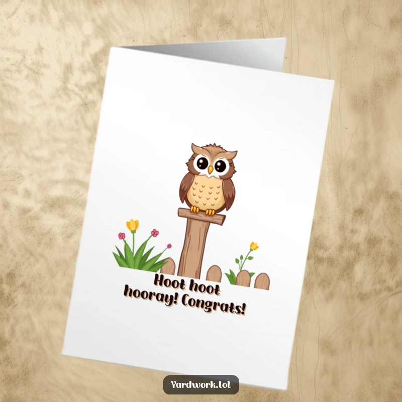 Funny Free Printable Congratulations Card: A serene owl sits upon a fence post, wisely surveying its beautiful garden.