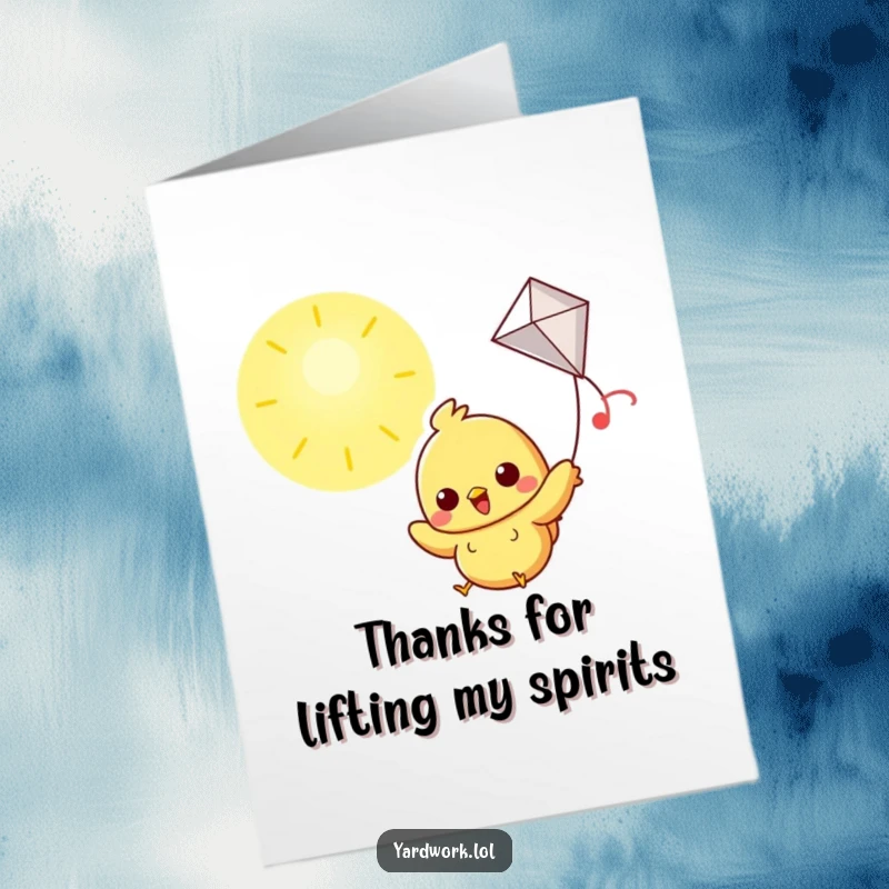 Funny Free Printable Thank You Card: A cheerful chick joyfully flying a kite, sending sunny thanks.