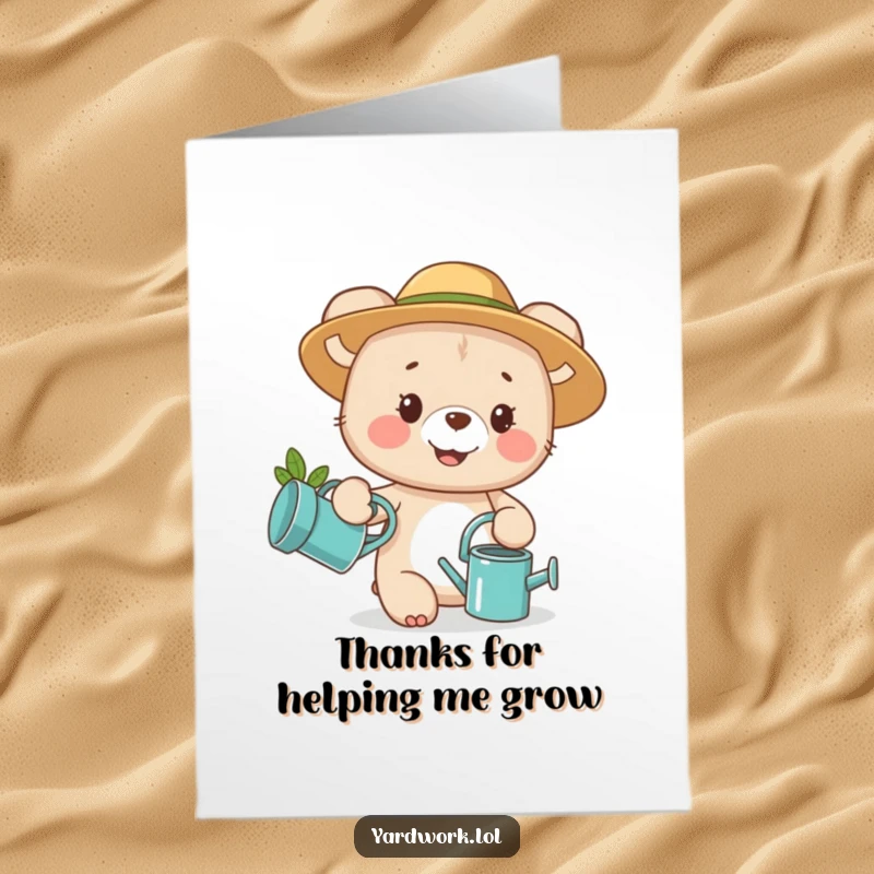 Funny Free Printable Thank You Card: Cute bear cub gardener holding a watering can, expressing heartfelt thanks.