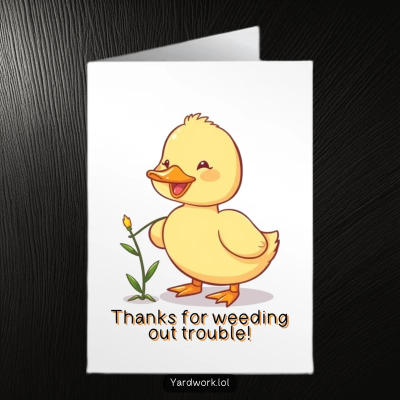 Funny Free Printable Thank You Card: A cheerful duckling focused on pulling a little weed from the ground with its beak.