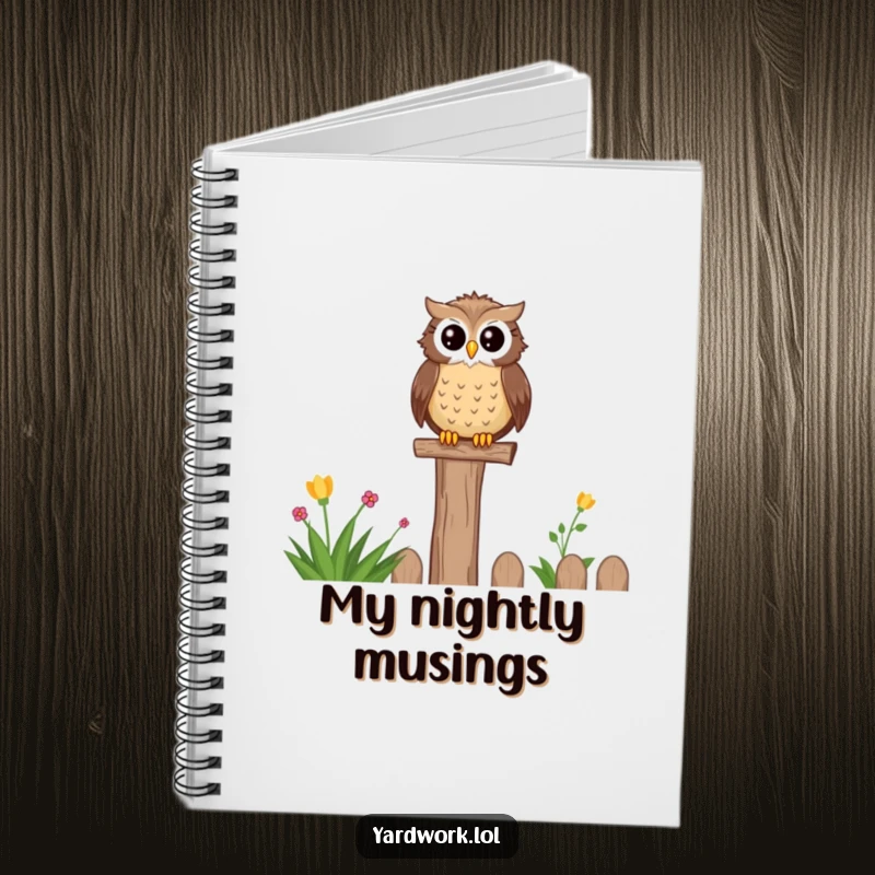 Funny notebook with a wise, content owl perched on a fence post, overlooking a garden. Ideal for notes and sketches.