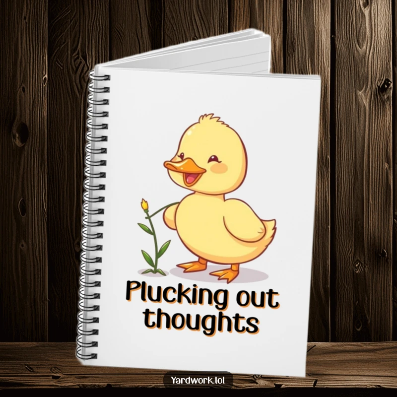 Funny notebook with a happy duckling pulling a weed with its beak, perfect for journaling or jotting down notes.