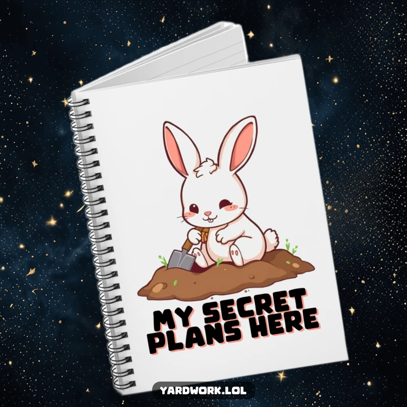 Funny notebook featuring a playful rabbit digging a hole with a small shovel, perfect for notes.