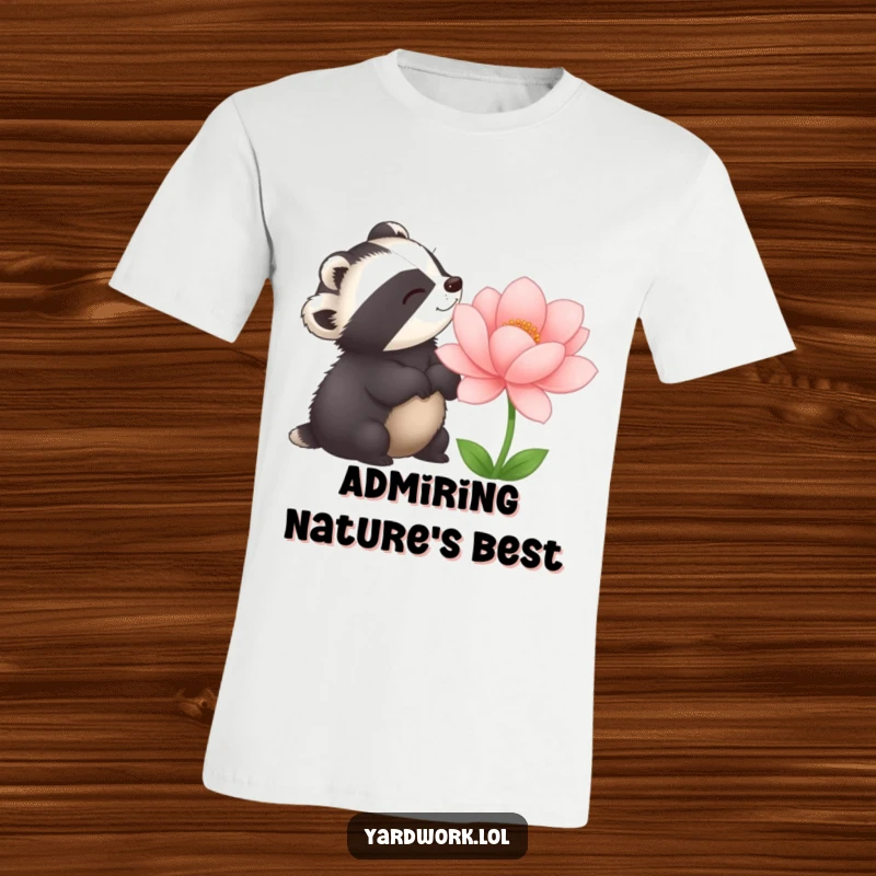 Funny t-shirt with a delighted badger gazing admiringly at a large, perfect flower. Captures a moment of natural bliss.