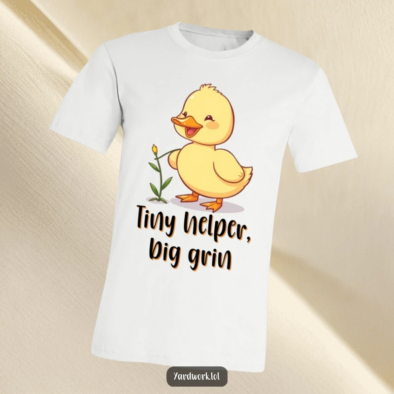 Funny t-shirt with a happy duckling pulling a small weed with its beak, showcasing its gardening prowess. Cute and humorous.