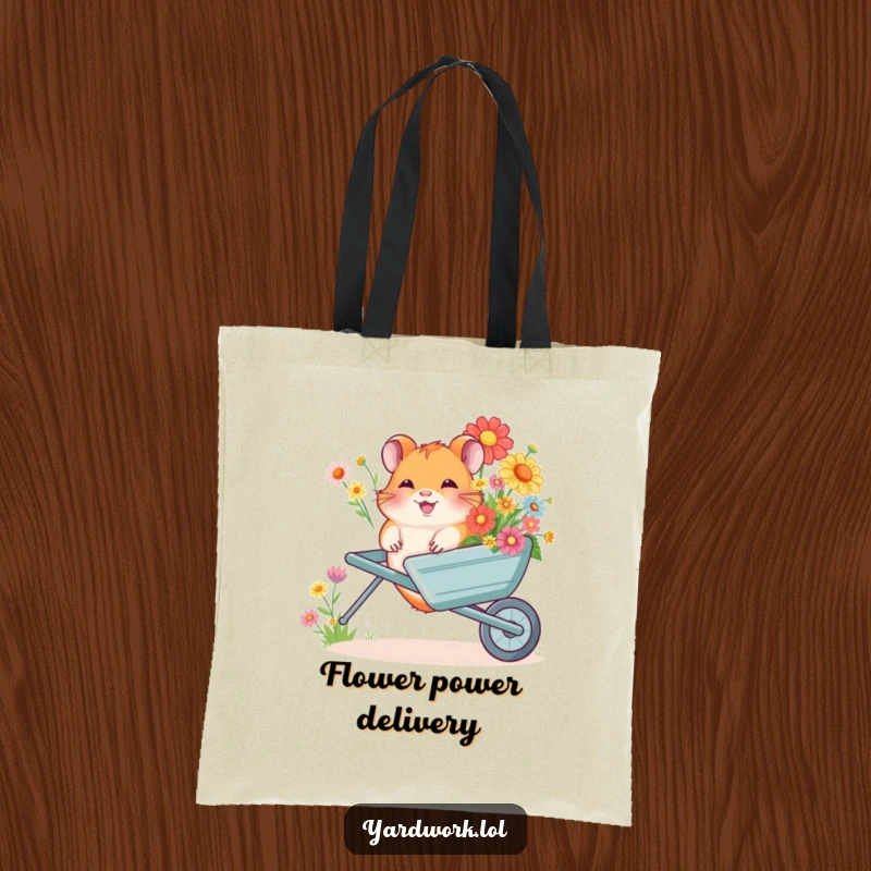 Funny tote bag featuring a happy, giggling hamster with a wheelbarrow full of colorful flowers, perfect for errands or gifts.