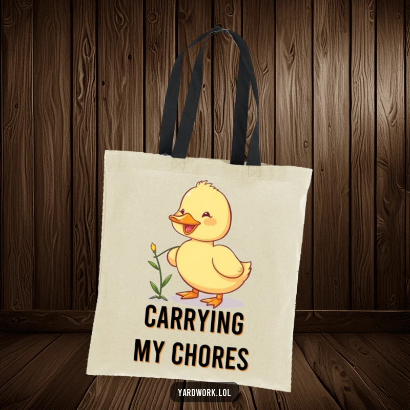 Funny tote bag featuring a happy duckling pulling a weed with its beak, perfect for carrying garden supplies or daily items.